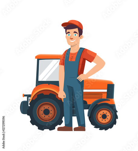 Smiling farmer in overalls standing beside a modern orange tractor, representing agriculture, rural lifestyle, and farming equipment in a cartoon style