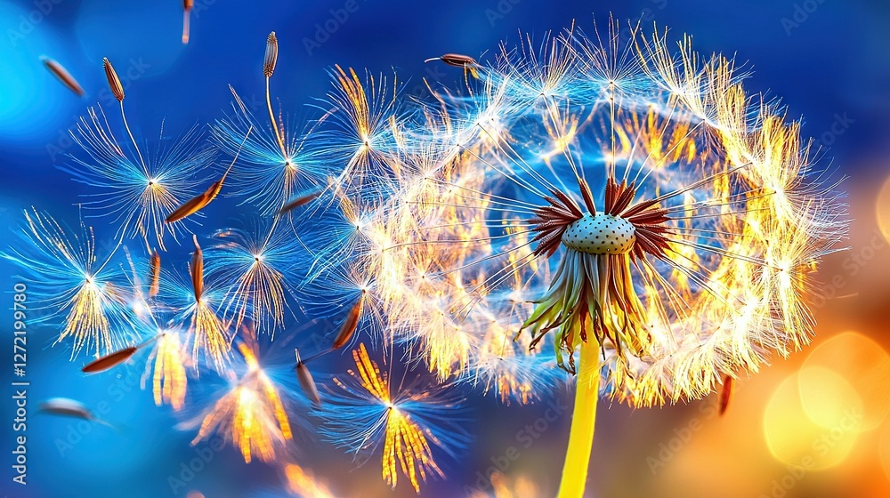 Obraz premium A dandelion close-up, swaying in the wind, with a blurry background of lit surroundings