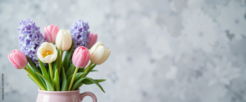 Obraz premium Spring flowers in a pastel vase radiating freshness and joy, showcasing vibrant pink tulips and purple hyacinths against a soft, blurred gray background