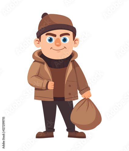 Cartoon-style burglar dressed in warm clothes with a sack, symbolizing crime, mystery, and detective themes in a lighthearted, animated design