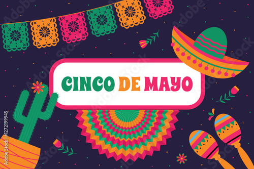 Cinco de Mayo - banner with paper flags, fans, flowers, maracas, cacti and sombreros. Bright festive illustration for the Cinco de Mayo holiday.