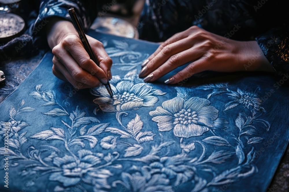 Obraz premium Artisan meticulously hand-crafts intricate floral designs onto a dark blue leather surface using a stylus.