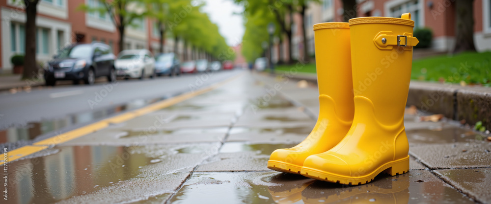 Fototapeta premium Yellow rubber rain boots standing on a wet sidewalk reflecting a vibrant spring atmosphere while surrounded by lush greenery and residential buildings