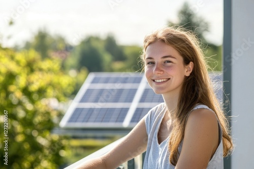Happy young woman smiling near a solar panel installation on her house, symbolizing sustainable living and clean energy.
