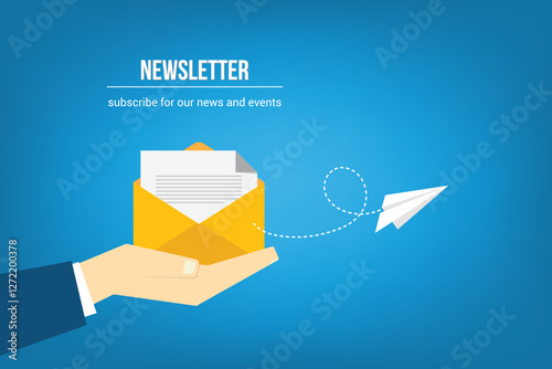 Newsletter. vector illustration of email marketing. subscription to newsletter, news, offers, promotions. a letter and envelope. subscribe, submit. send by mail.