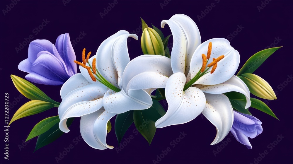 Fototapeta premium A bouquet of white and purple flowers with green leaves. The flowers are arranged in a way that they look like they are holding each other