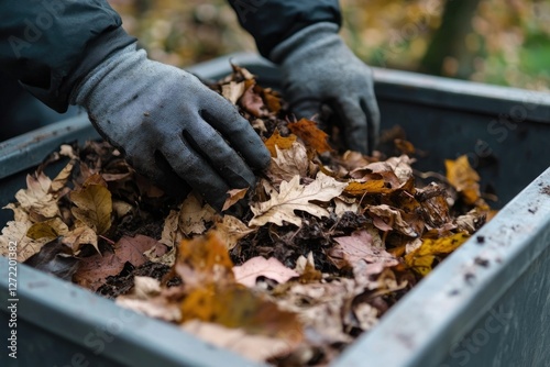 Wallpaper Mural Person wearing gloves adds autumn leaves to a compost bin, enriching soil. Torontodigital.ca
