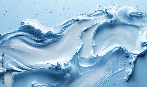 Abstract depiction of light blue paint with swirling and textured patterns on canvas