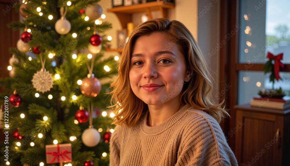 Delighted girl beside Christmas tree in festive home interior, joy Delighted girl beside Christmas tree in festive home interior, joy