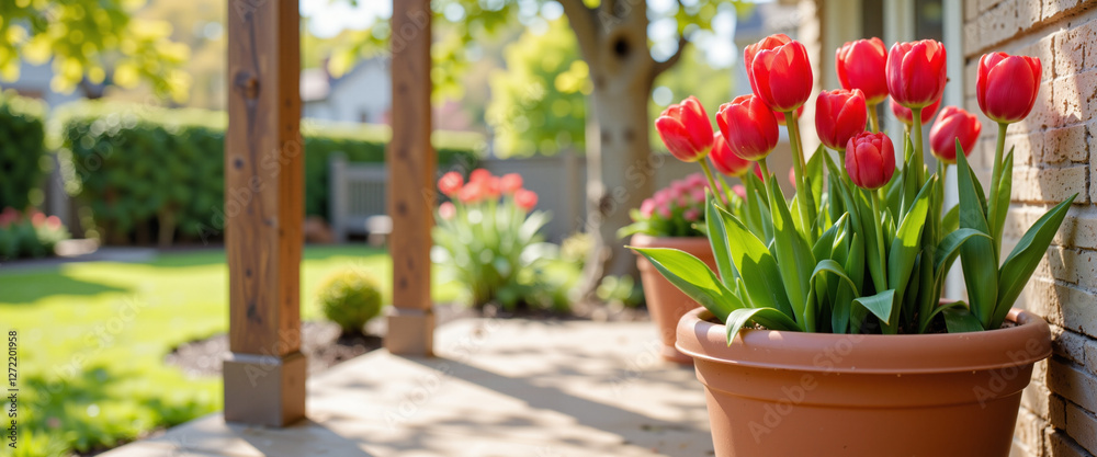 Vibrant tulips in a terracotta pot exuding freshness and beauty create a serene outdoor atmosphere, surrounded by lush greenery in a charming spring garden Vibrant tulips in a terracotta pot exuding freshness and beauty create a serene outdoor atmosphere, surrounded by lush greenery in a charming spring garden