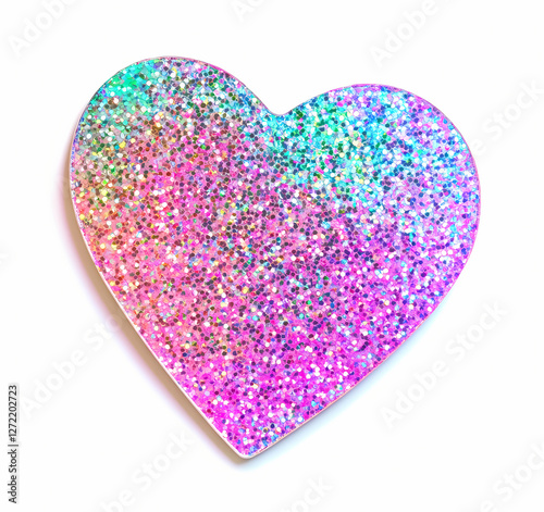 Holographic heart-shaped sticker with a glittery and shiny texture, in pink with rainbow colors