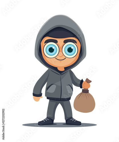 Vector illustration of a masked thief wearing a black hoodie, jeans, and gloves, holding a sack. Represents crime, burglary, robbery, stealth, and danger. Perfect for crime and security themes.