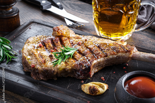 Pork chop and beer on cutting board with rosemary garnish