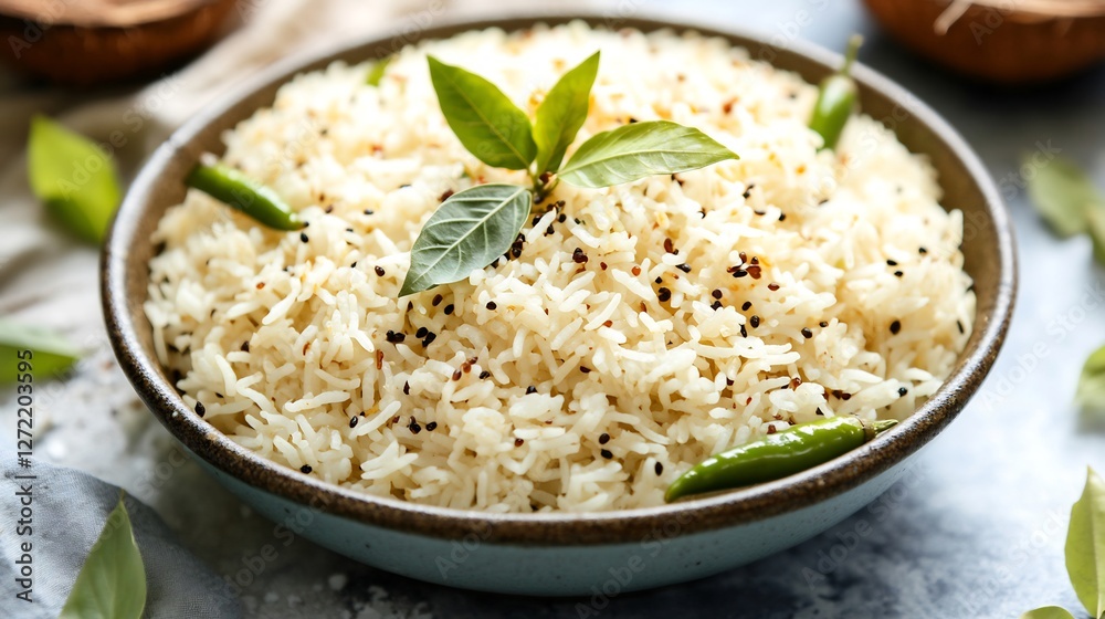 Flavorful rice dish cooked fresh coconut green chilies and curry leaves perfect for light meals