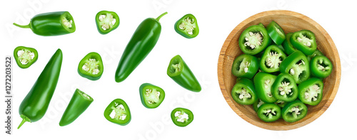 jalapeno peppers in wooden bowl isolated on white background. Green chili pepper . Top view. Flat lay