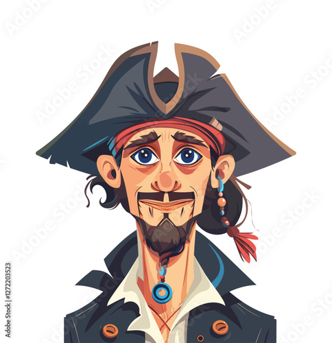 Cartoon pirate character with a black tricorn hat, red bandana, and confident smile. Features a beard, gold earrings, and a pirate coat, perfect for adventure and fantasy themes.