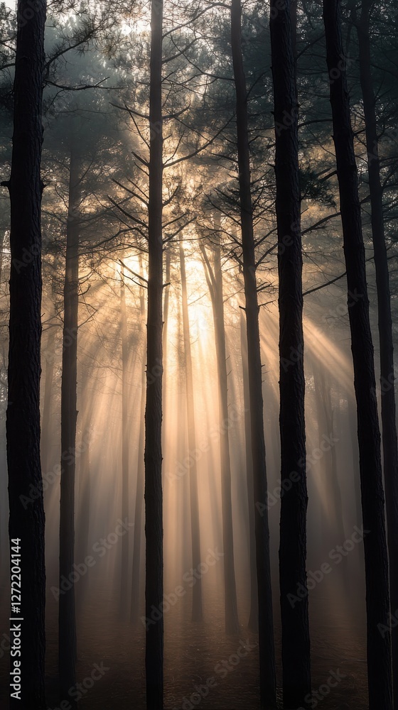 Autumn Forest Magic, Minimalist Scene with Fog and Sunbeams
