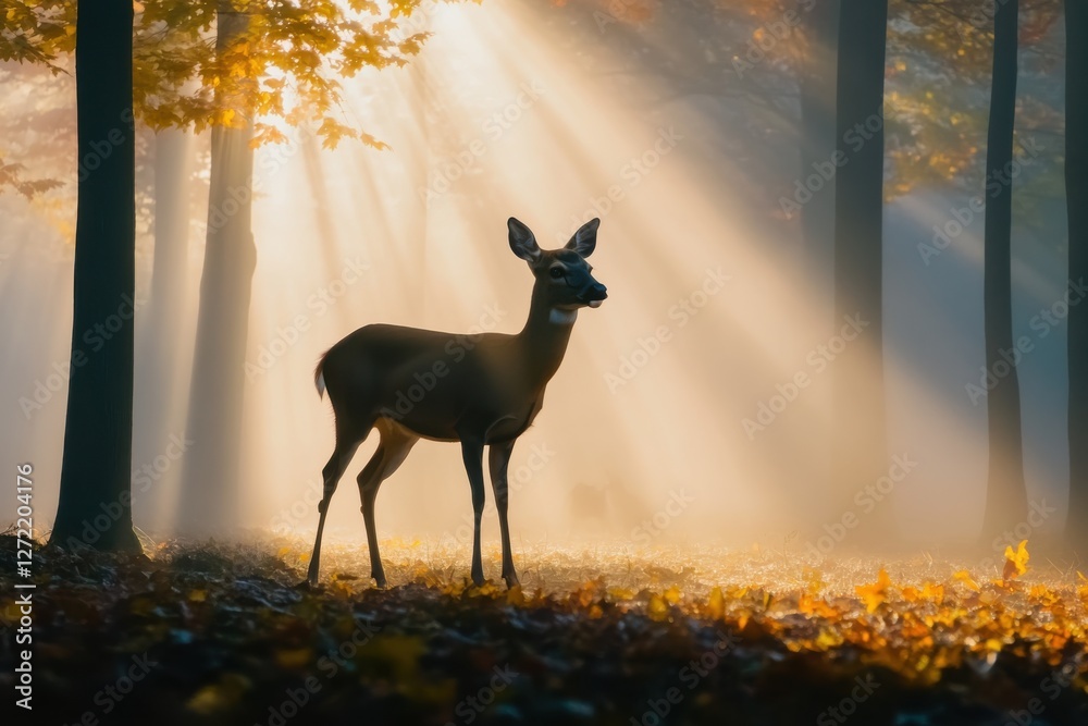Autumn Forest Magic, Minimalist Scene with Fog and Sunbeams