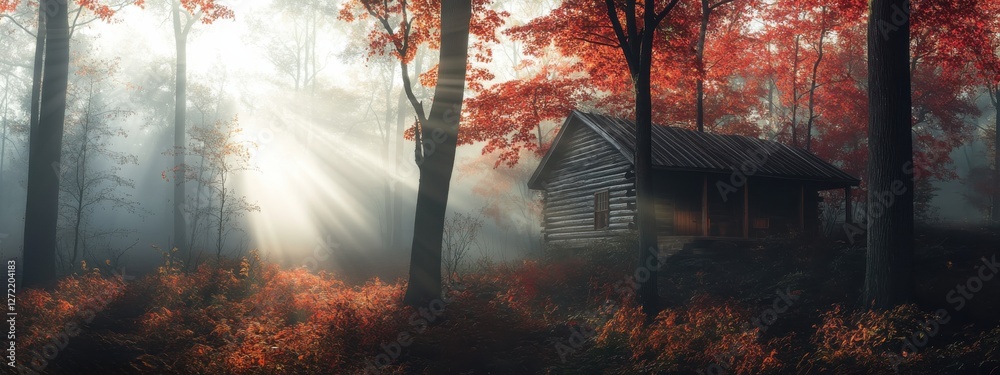 Autumn Forest Magic, Minimalist Scene with Fog and Sunbeams