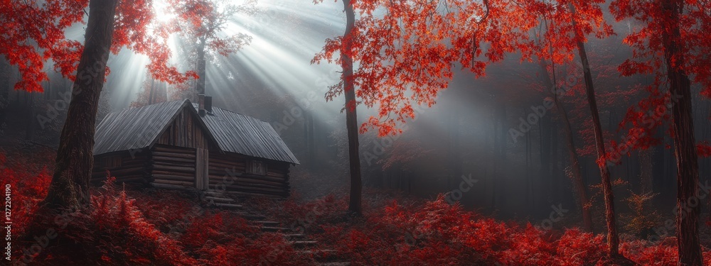Autumn Forest Magic, Minimalist Scene with Fog and Sunbeams