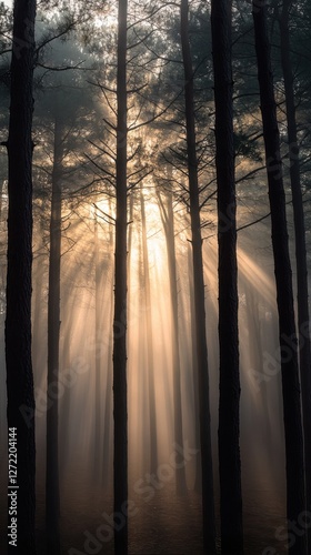 Obraz na płótnie Autumn Forest Magic, Minimalist Scene with Fog and Sunbeams w salonie