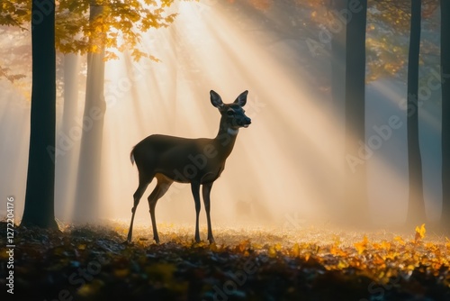 Obraz na płótnie Autumn Forest Magic, Minimalist Scene with Fog and Sunbeams w salonie