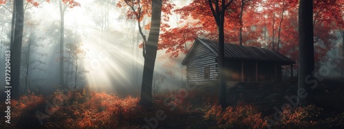 Obraz na płótnie Autumn Forest Magic, Minimalist Scene with Fog and Sunbeams w salonie