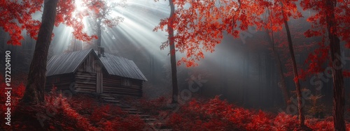 Obraz na płótnie Autumn Forest Magic, Minimalist Scene with Fog and Sunbeams w salonie