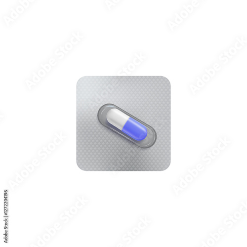 Single pill blister pack 3D vector icon, realistic metallic package for blue and white capsule medicine drug mock up