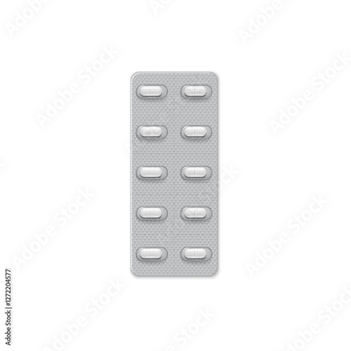 Pills blister pack 3D vector illustration, realistic transparent package containing white tablets, medicine drug mock up