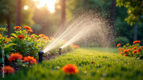 Motion-activated sprinklers water garden photo