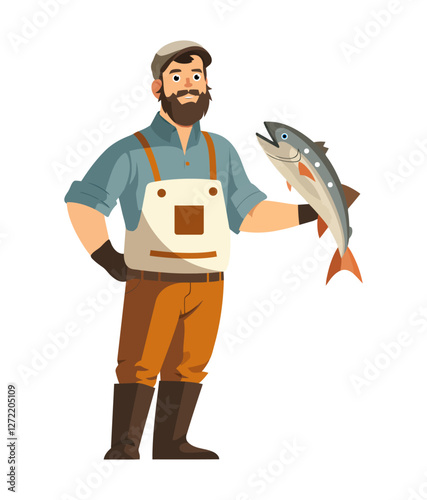 Smiling fisherman in waders proudly holding a large fresh fish. Great for angling sport, seafood industry, river and lake recreation, outdoor adventure, aquaculture, markets, and coastal livelihood