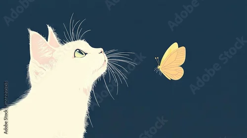 Obraz   A white cat with a yellow butterfly on its nose, examining a yellow butterfly against a black backdrop
