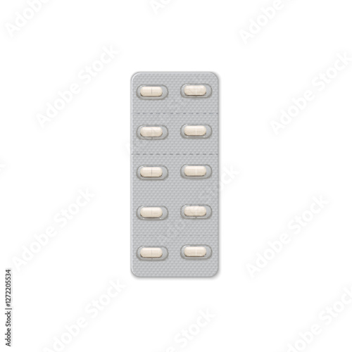 Blister of oblong pills. Realistic vector illustration of medicine packaging.