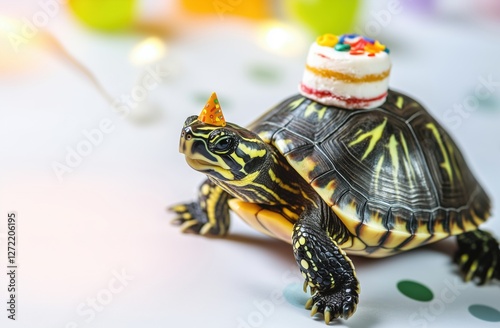 A turtle wearing a party hat with a small cake on its back, celebrating a birthday.