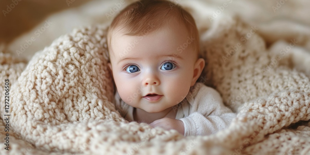 A baby is laying on a blanket with a blue eye. The baby is smiling and looking at the camera A baby is laying on a blanket with a blue eye. The baby is smiling and looking at the camera