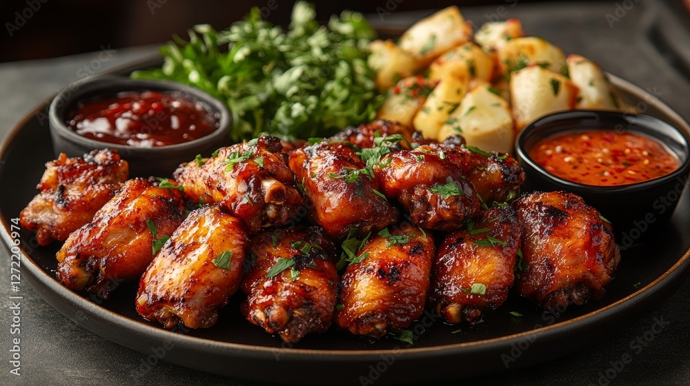 dish of Chicken Wings: Perfect for bar menus and game day, this dish of chicken wings is isolated on a transparent background and features a variety of sauces and crispy skin. dish of Chicken Wings: Perfect for bar menus and game day, this dish of chicken wings is isolated on a transparent background and features a variety of sauces and crispy skin.