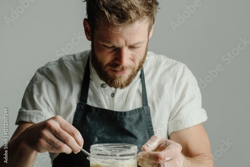 A bearded baker meticulously stirs sourdough starter in a glass jar, his hands dusted with flour.