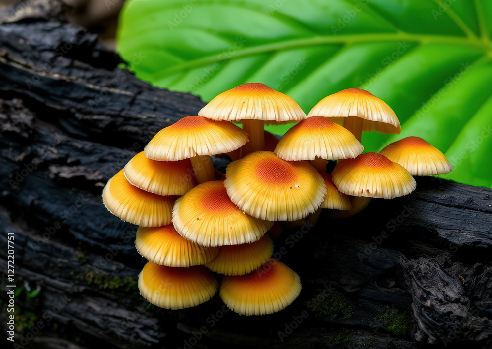 Fototapeta premium Bright orange and yellow mushrooms clustered on a forest log, with a lush green leaf background creating an enchanting natural scene perfect for themes of nature