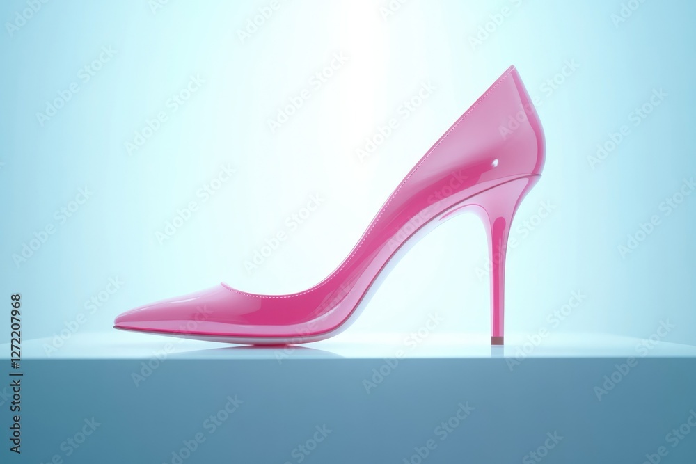 A single pink high-heeled pump rests on a light blue platform, showcasing its elegant design. A single pink high-heeled pump rests on a light blue platform, showcasing its elegant design.