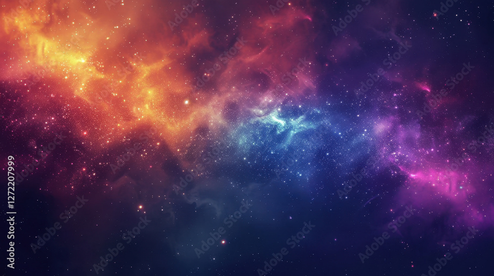 Naklejka premium Vibrant cosmic nebula with swirling colors of orange, purple, and blue, filled with stars and celestial elements, creating mesmerizing space scene