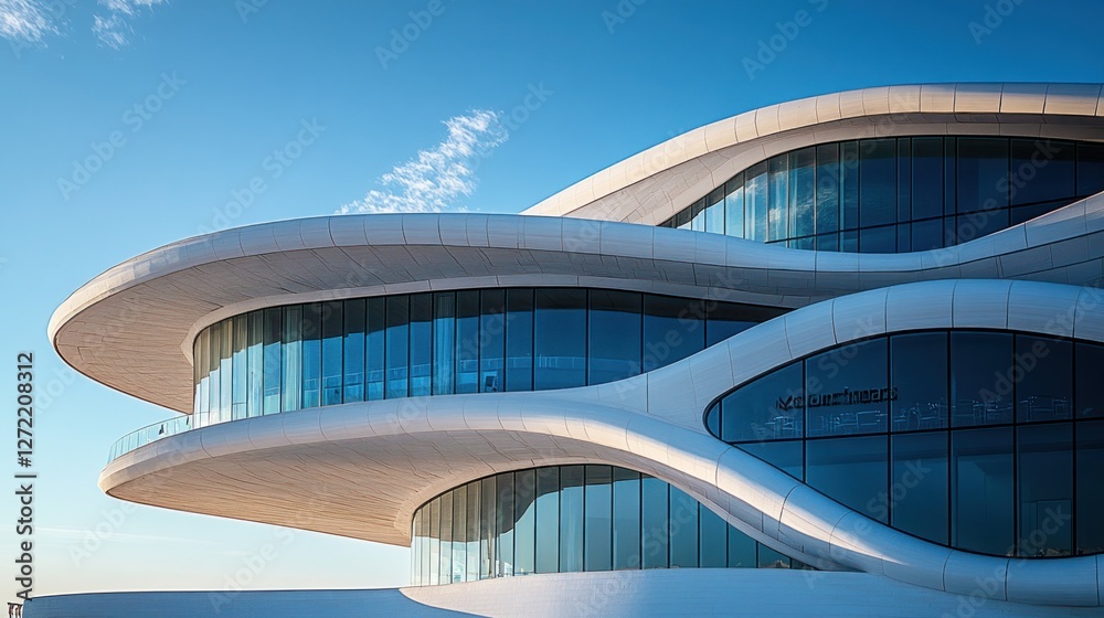 Fototapeta premium Modern building, curved glass facade, clear sky, daytime, architectural design