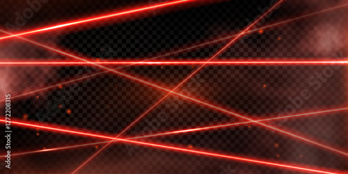Vector illustration of abstract background with red glowing laser beams with particles and fog.