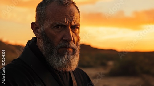 Close up of a priest with a short beard wearing black robes in the wild west desert. Priest on the western frontier at sunset.