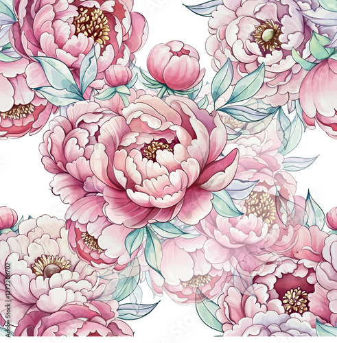 Colorful peonies elegantly display their soft petals and intricate details, bringing a fresh and vibrant touch to a serene white backdrop seamless pattern, background