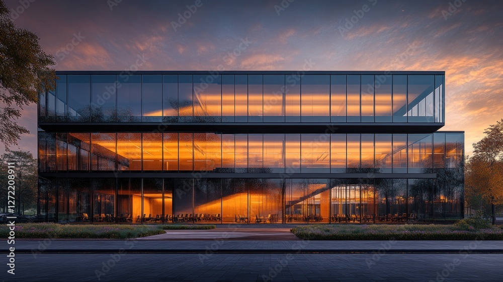 Modern glass office building sunset urban landscape Modern glass office building sunset urban landscape