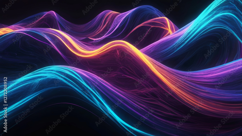 Vibrant digital waves of light in motion: abstract neon ribbons on dark background. Vibrant digital waves of light in motion: abstract neon ribbons on dark background.