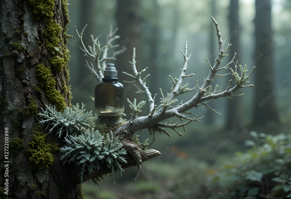 oakmoss ( mousse de chêne), Evernia prunastri with essence of oakmoss against forest background. conceptual digital art. Ai generated