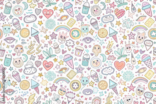 Pastel kawaii pattern background with sweets, faces, and clouds