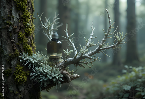 Obraz na płótnie oakmoss ( mousse de chêne), Evernia prunastri with essence of oakmoss against forest background. conceptual digital art. Ai generated w salonie